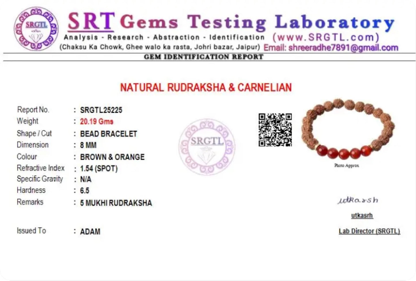5 Mukhi Rudraksha & Carnelian Natural Stone Bracelet