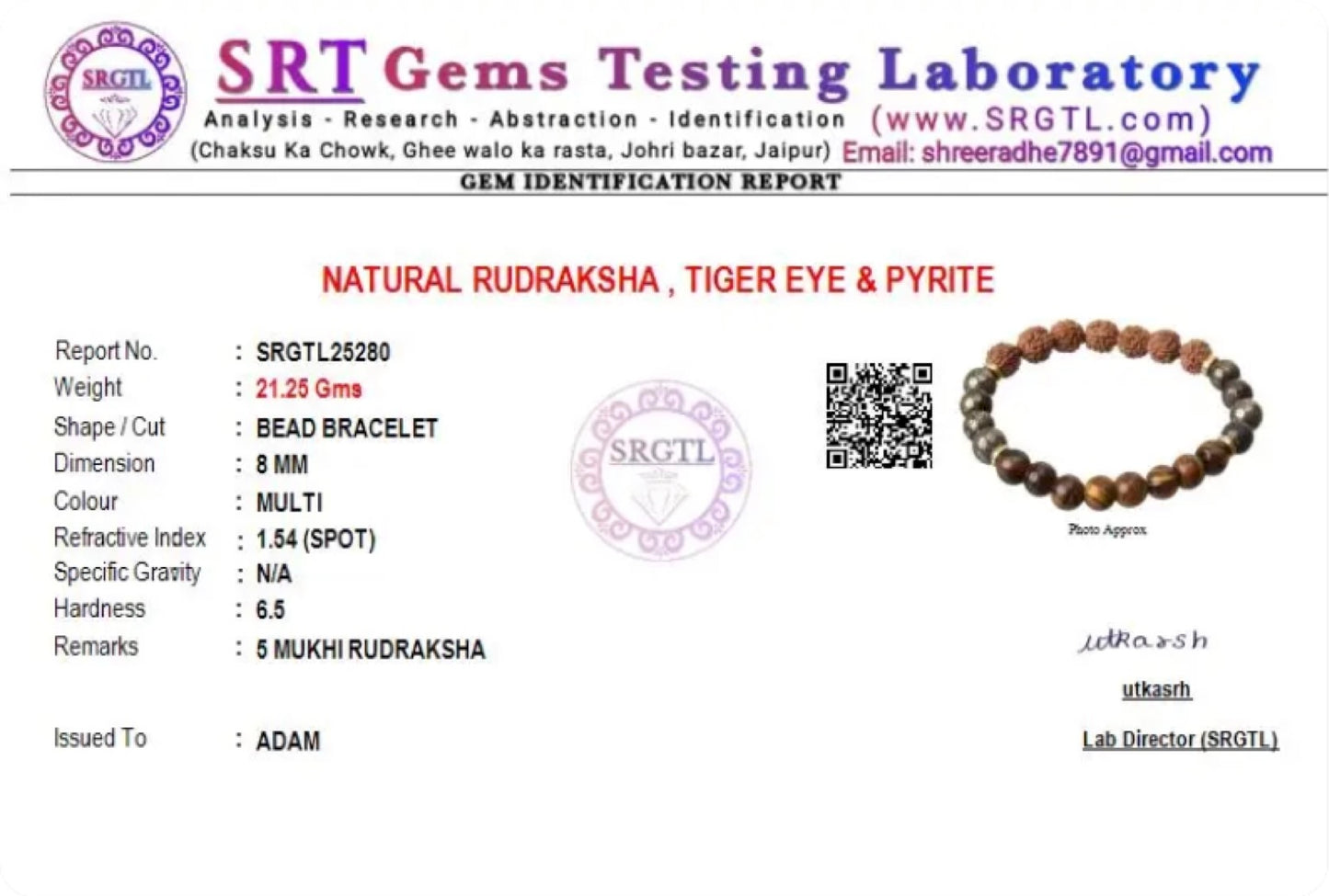 5 Mukhi Rudraksha, Pyrite & Tiger Eye Natural Stone Bracelet