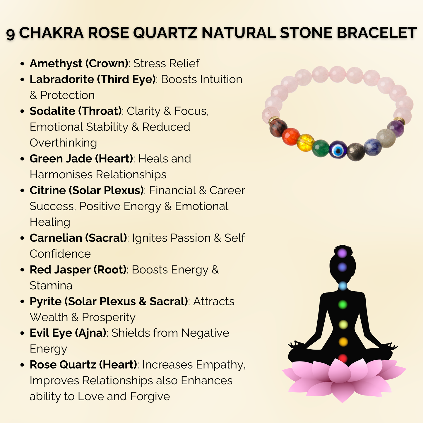 9 Chakra Rose Quartz Natural Stone Bracelet