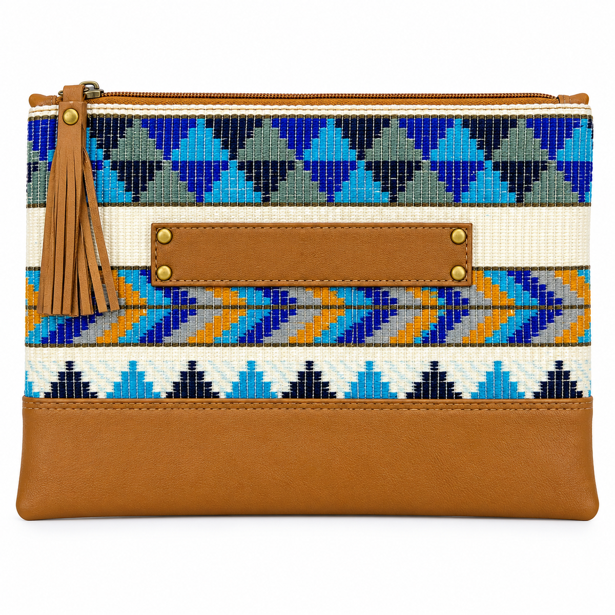 Geometric Woven Clutch Bag with Leather Tassel for Women