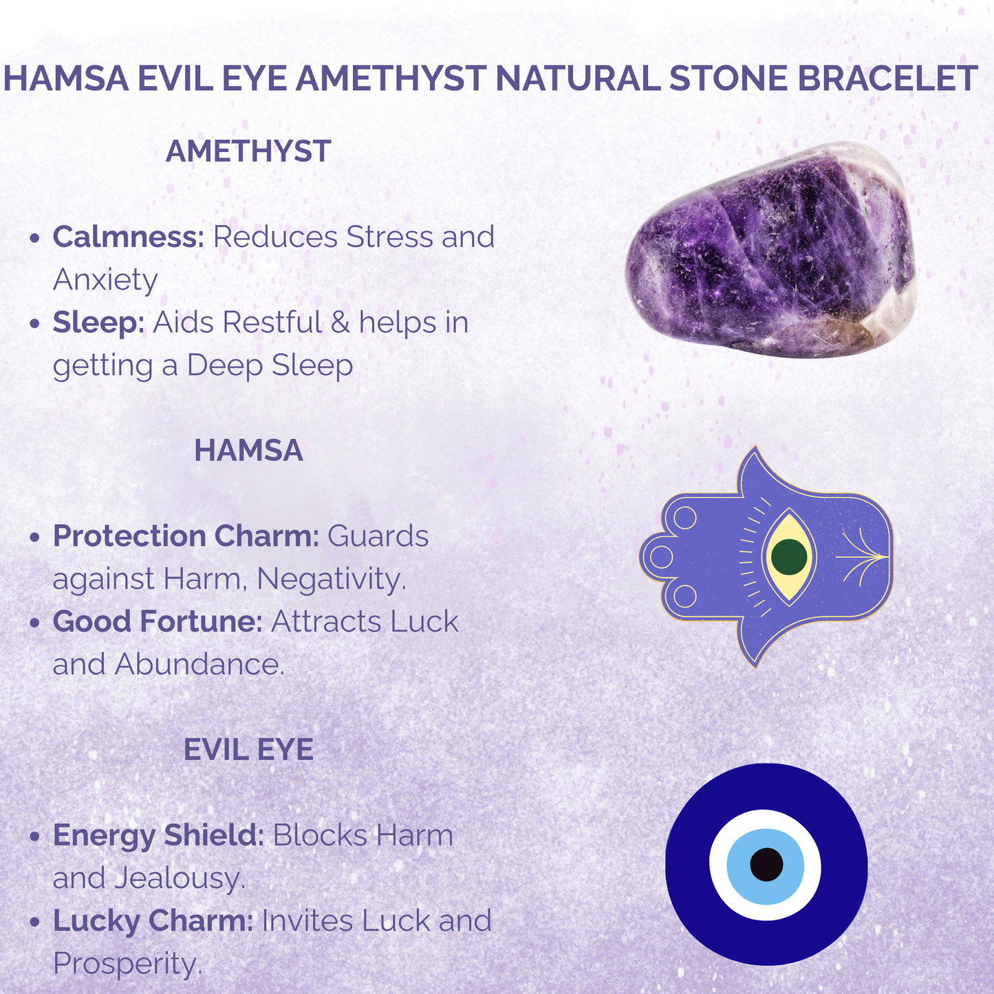 Hamsa Evil Eye Amethyst Natural Stone Bracelet