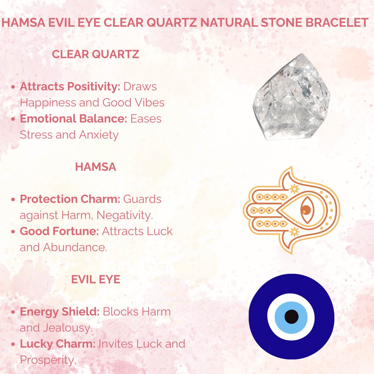 Hamsa Evil Eye Clear Quartz Natural Stone Bracelet