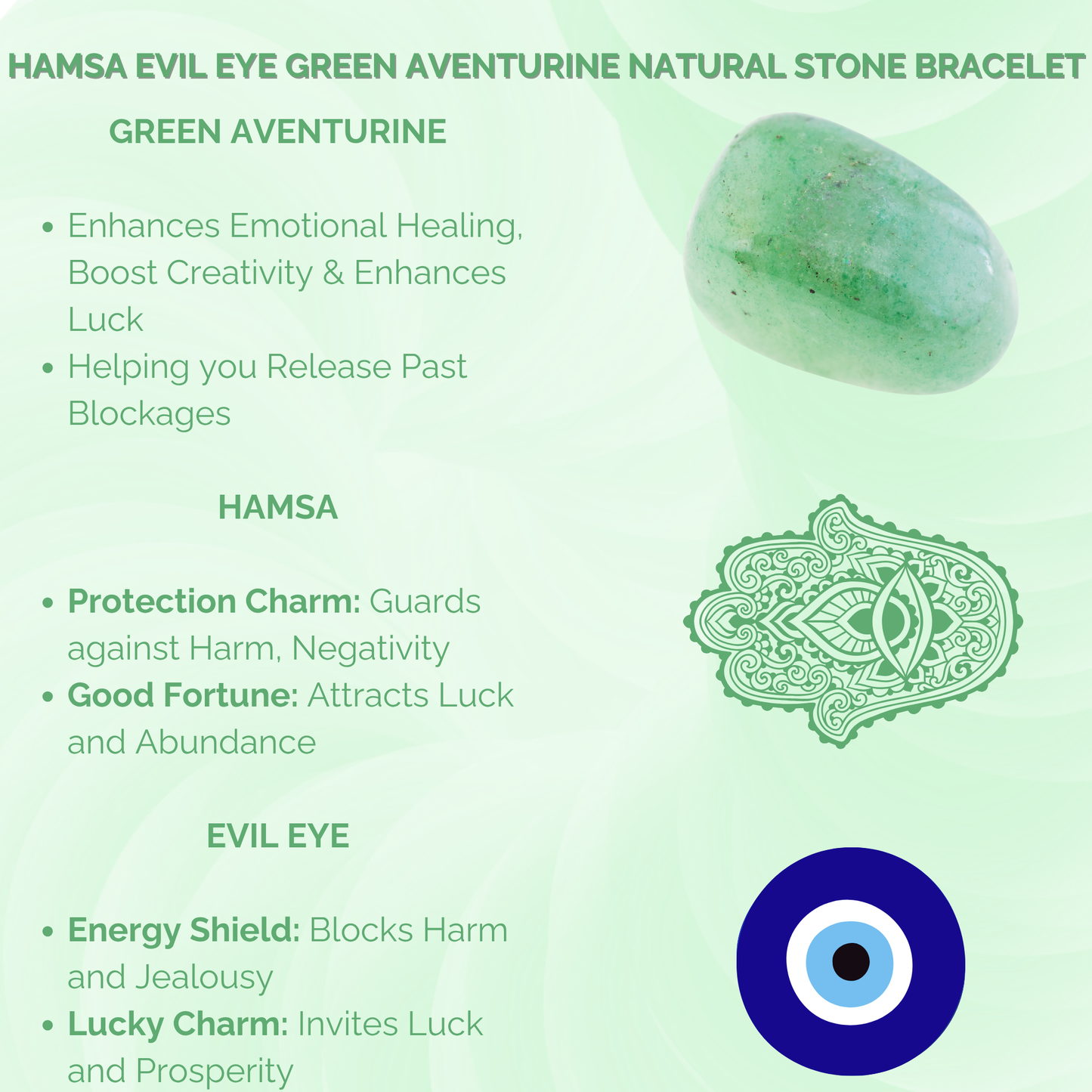 Hamsa Evil Eye Green Aventurine Natural Stone Bracelet