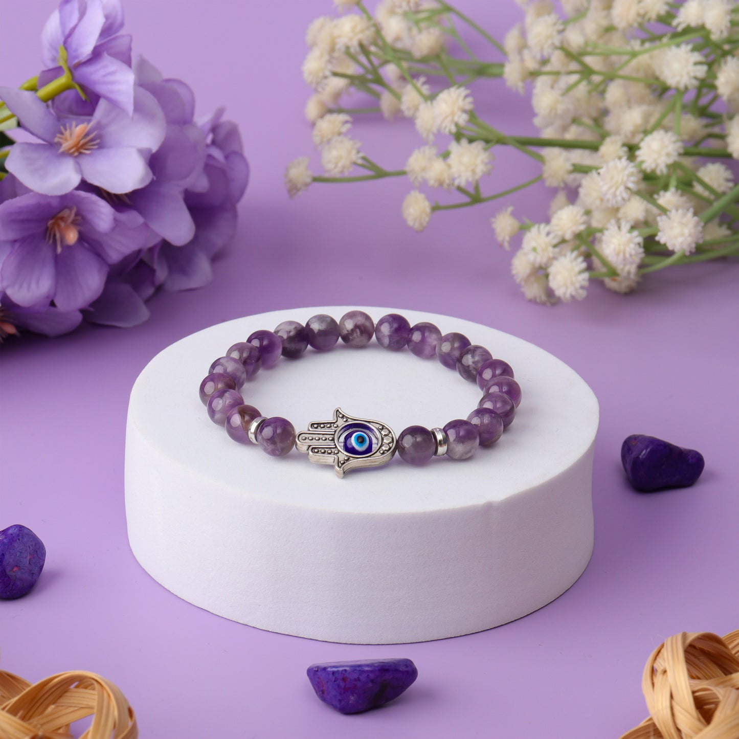 Hamsa Evil Eye Amethyst Natural Stone Bracelet