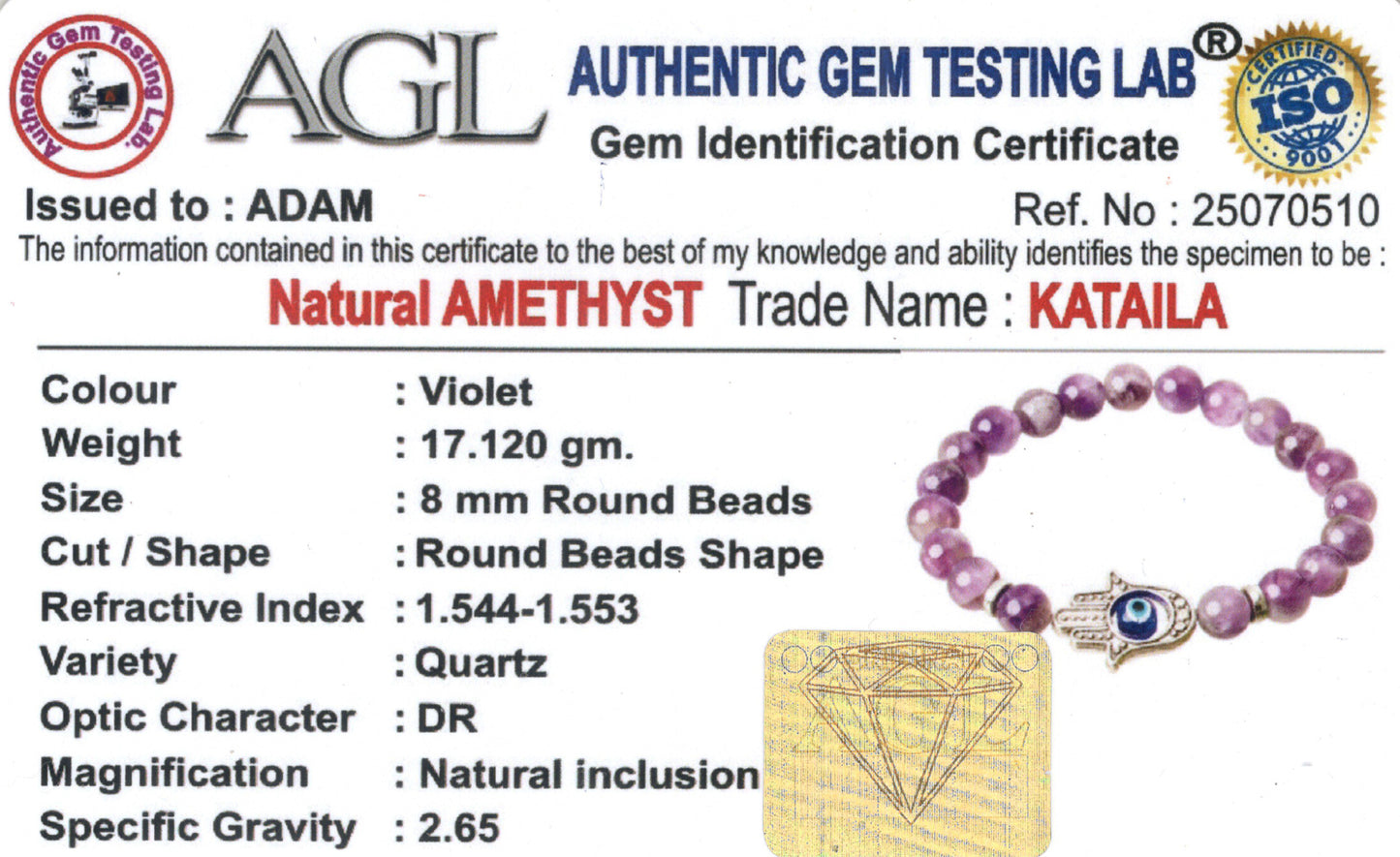 Hamsa Evil Eye Amethyst Natural Stone Bracelet