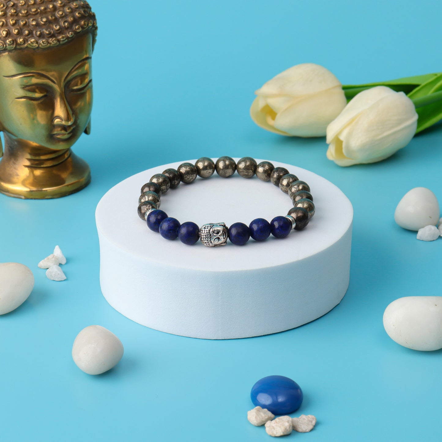 Lapis Lazuli & Pyrite Natural Stone Buddha Bracelet