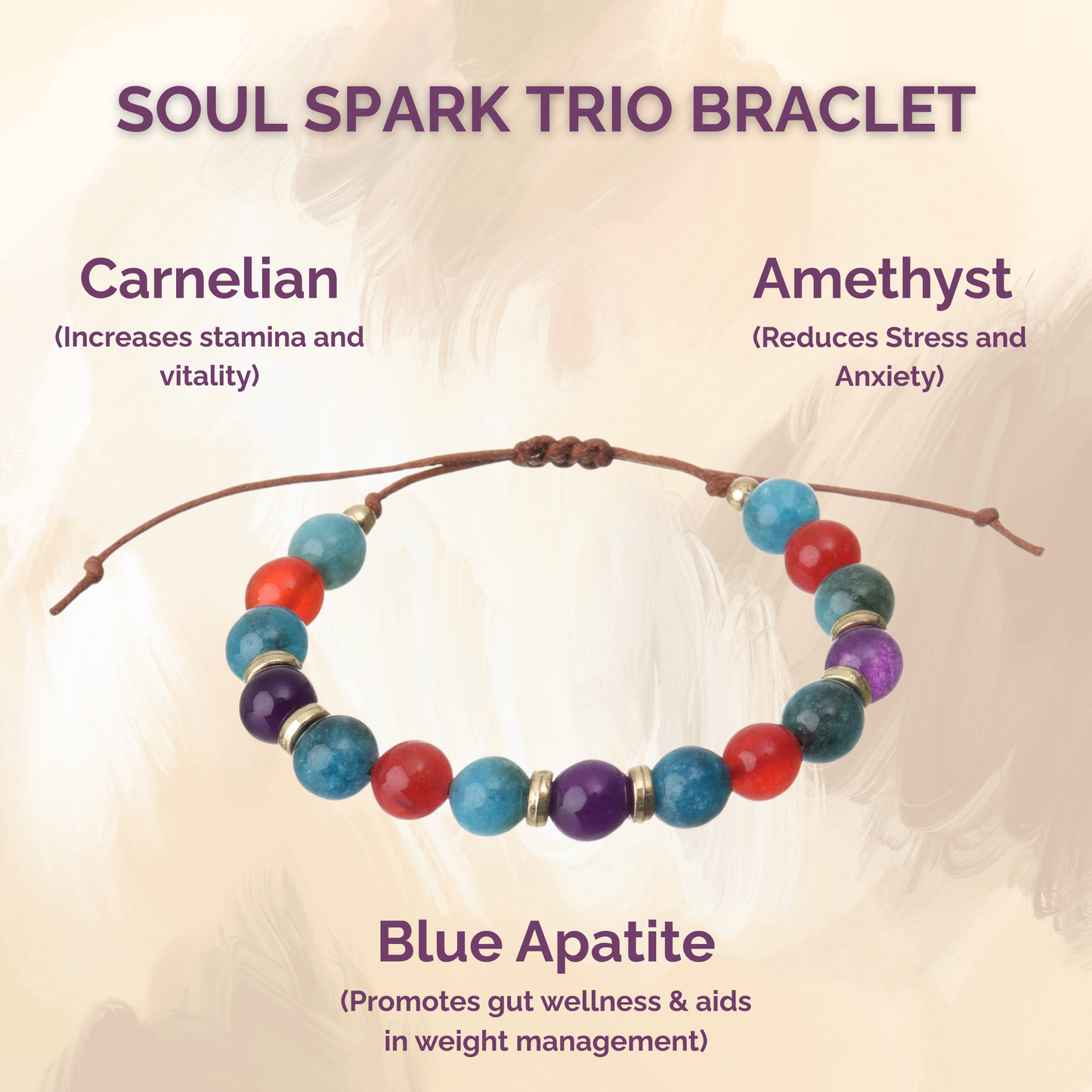 Soul Spark Trio Bracelet - Blue Apatite, Amethyst & Carnelian Natural Stone