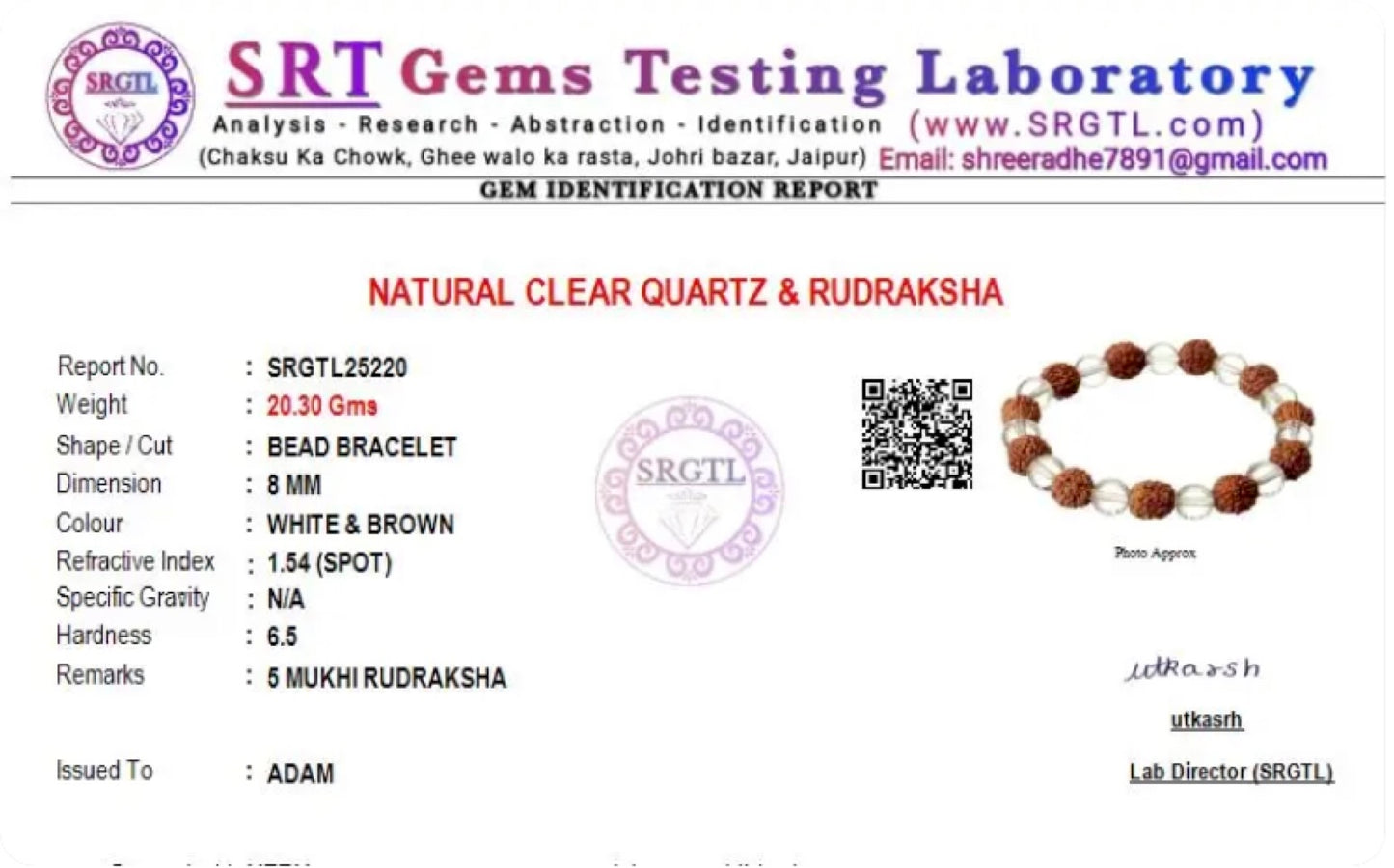 Spiritual 5 Mukhi Rudraksh & Clear Quartz Bracelet