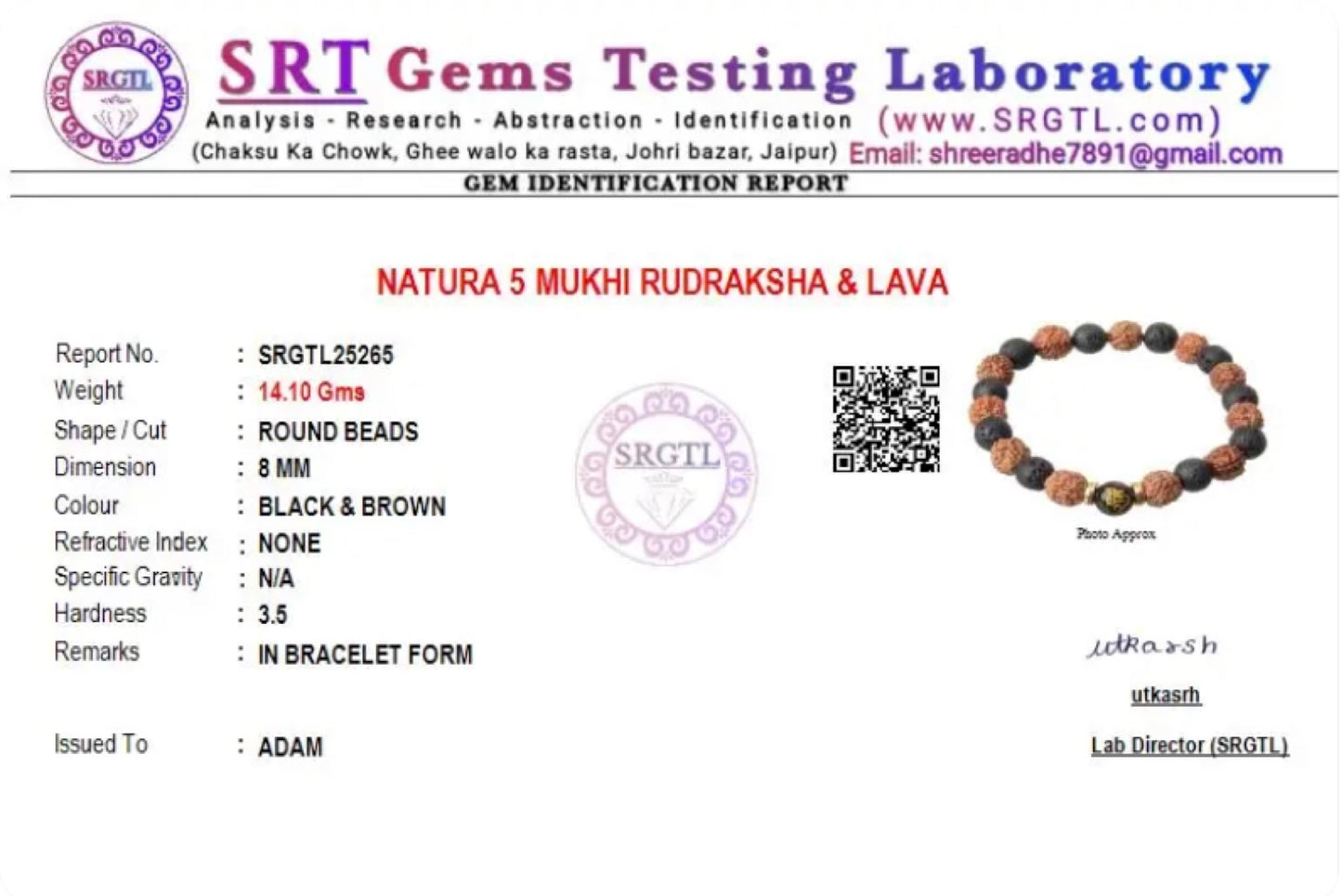 Spiritual 5 Mukhi Rudraksh & Lava Natural Stone Bracelet