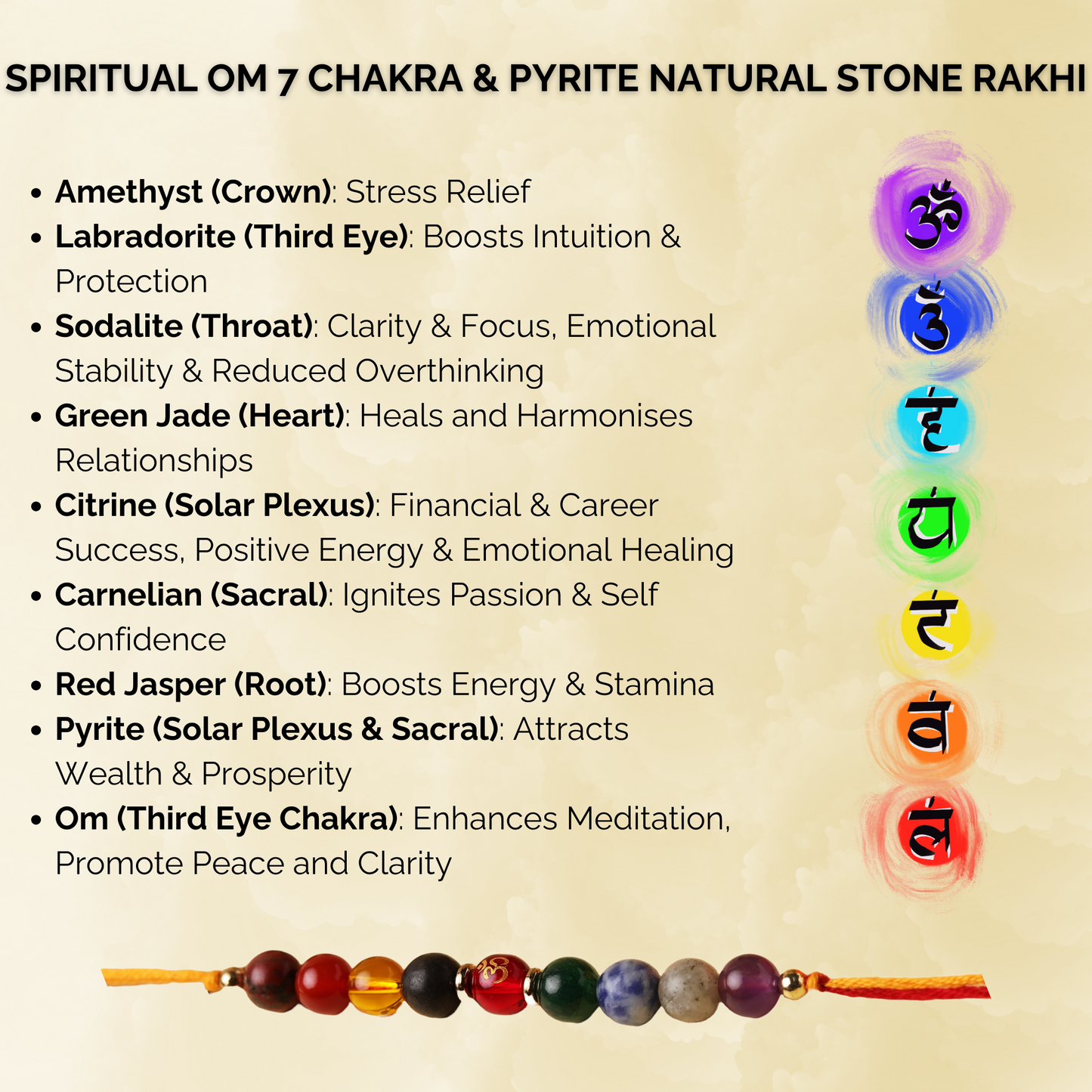 Spiritual Om 7 Chakra & Pyrite Natural Stone Rakhi