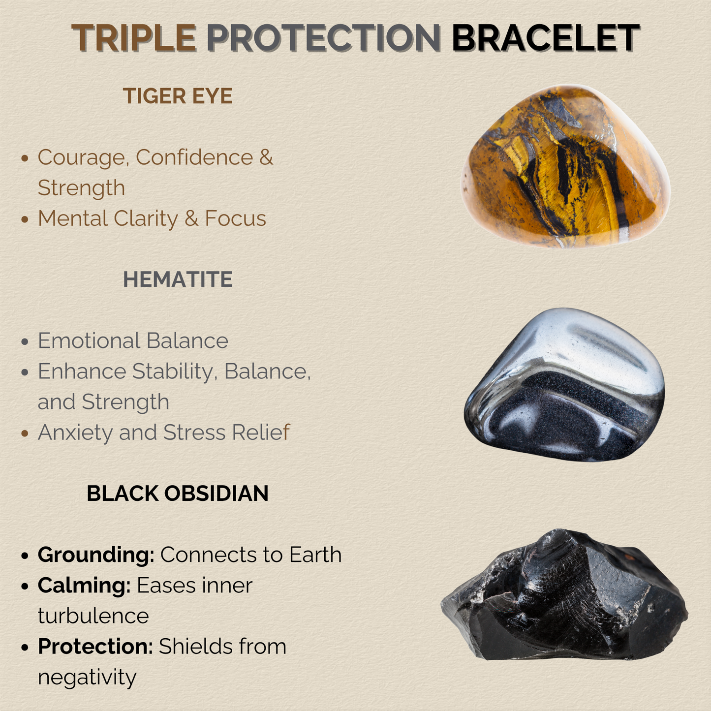Triple Protection Bracelet - Tiger Eye, Hematite, Black Obsidian Natural Stone