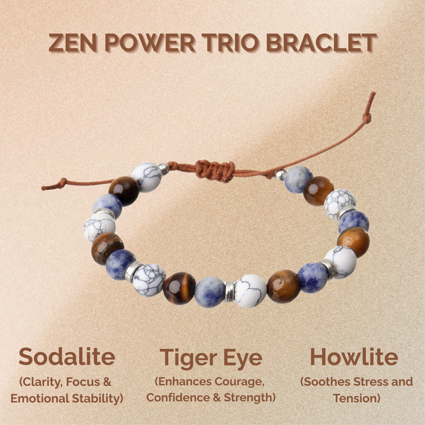 Zen Power Trio Bracelet - Sodalite, Howlite & Tiger Eye Natural Stone