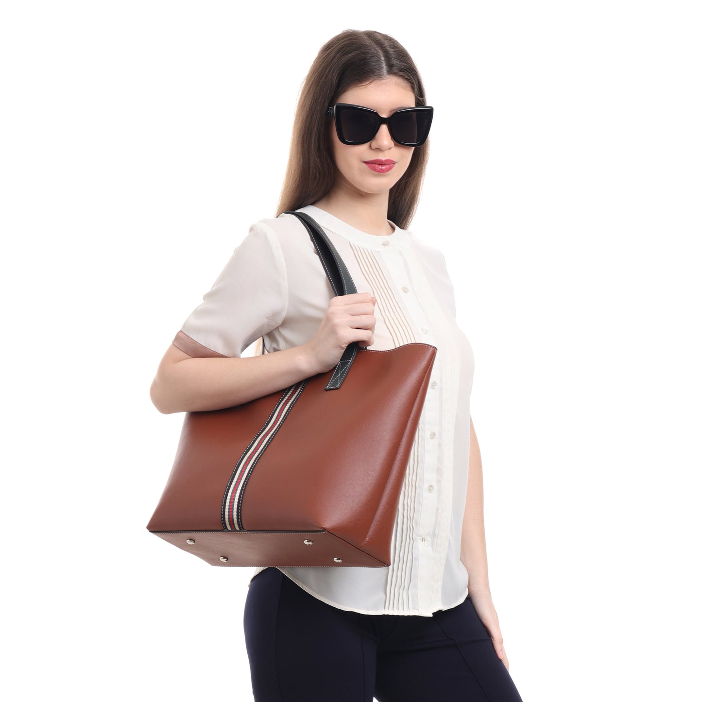 Stripe Accent Faux Leather Tote Bag