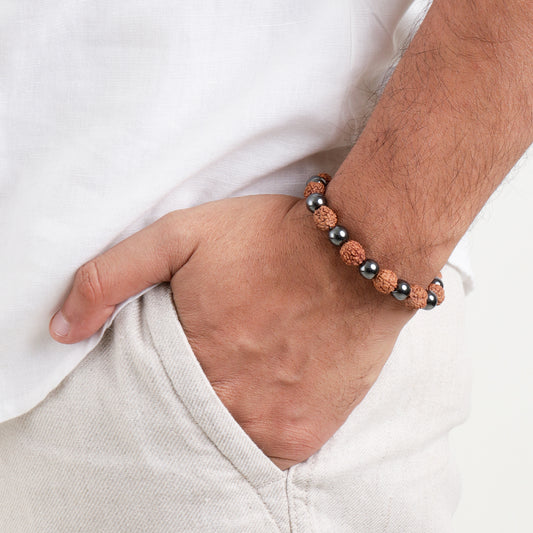 5 Mukhi Certified Rudraksha & Hematite Natural Stone Bracelet