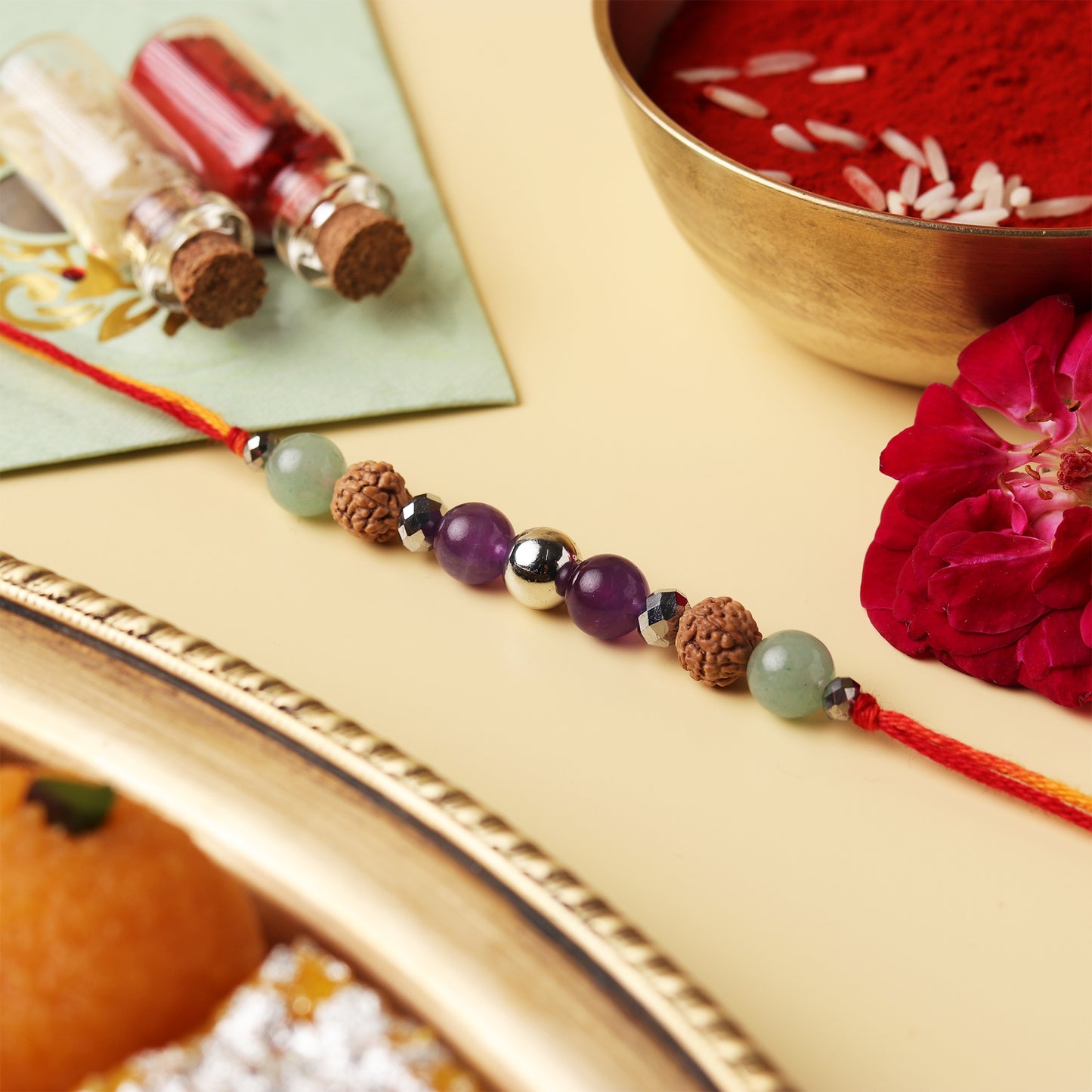 5 Mukhi Rudraksh Silver Ball Natural Stone Rakhi