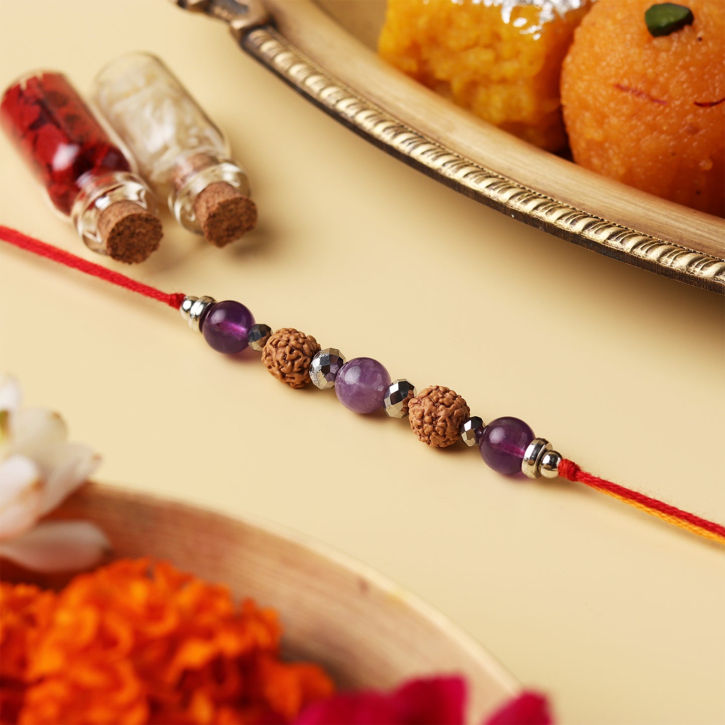 5 Mukhi Rudraksh Silver Bead Natural Stone Rakhi