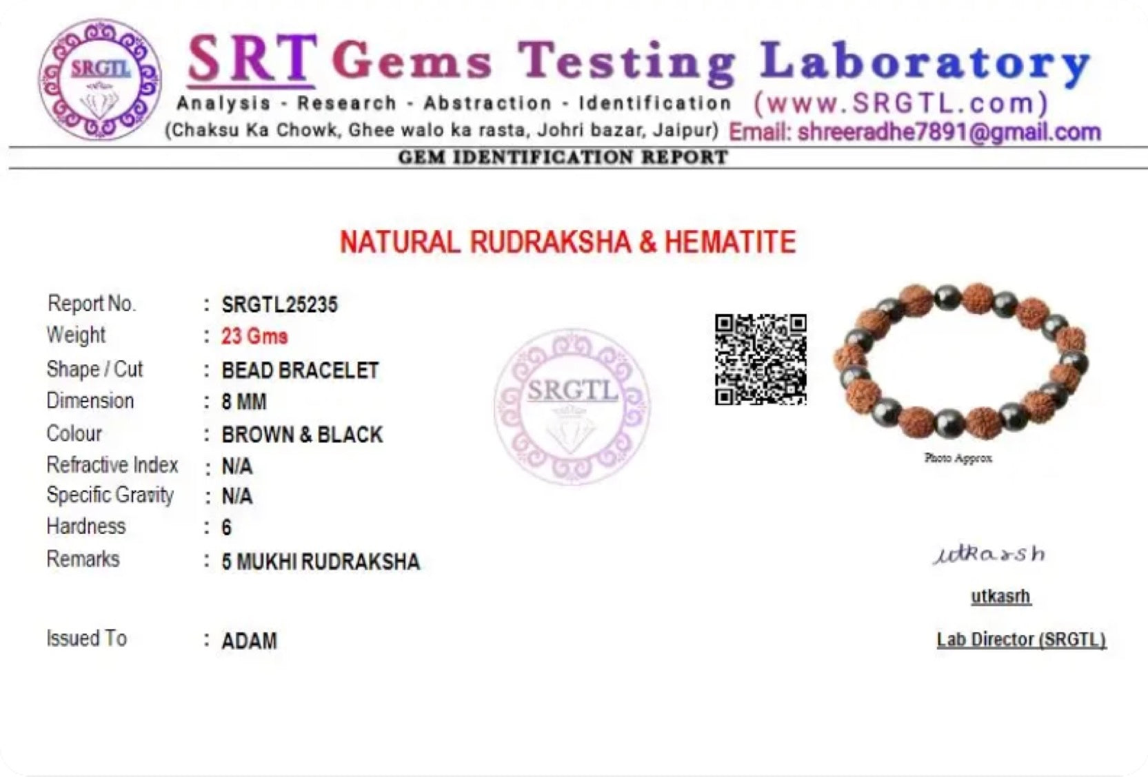 Gems testing laboratory report for a bead bracelet with natural rudraksha and hematite.