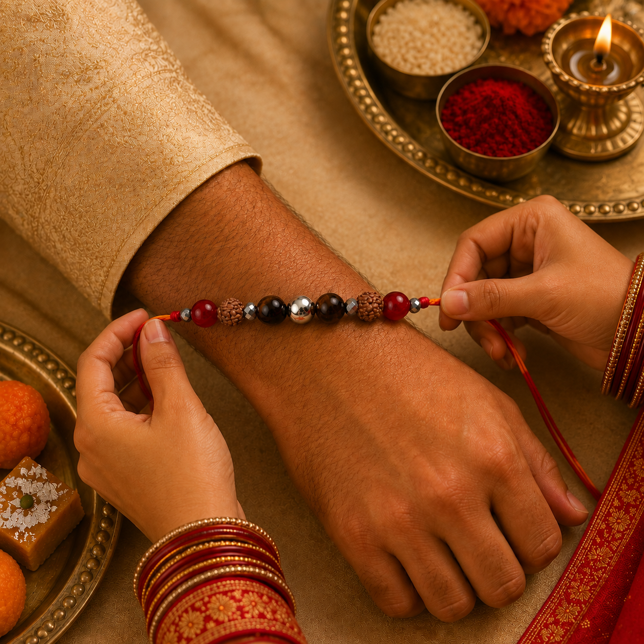5 Mukhi Rudraksh Silver Ball Natural Stone Rakhi