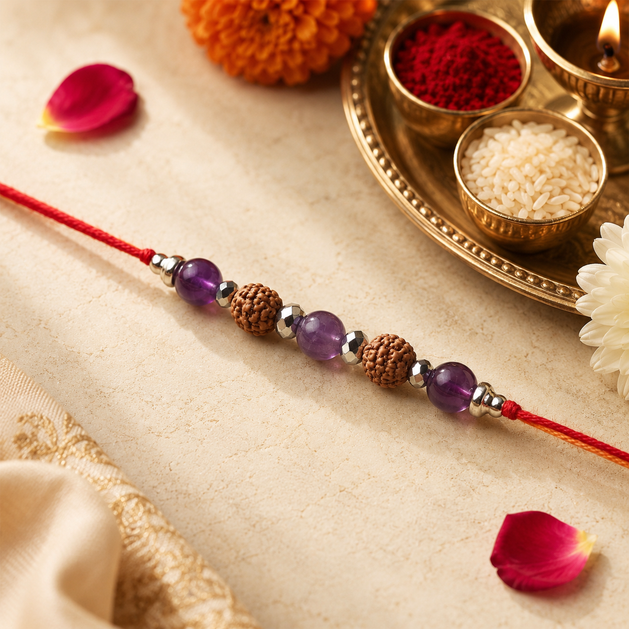 5 Mukhi Rudraksh Silver Bead Natural Stone Rakhi