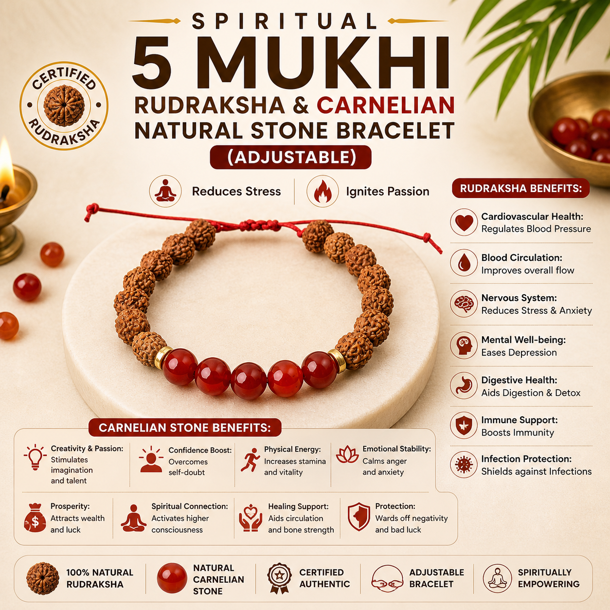 5 Mukhi Rudraksha & Carnelian Natural Stone Bracelet