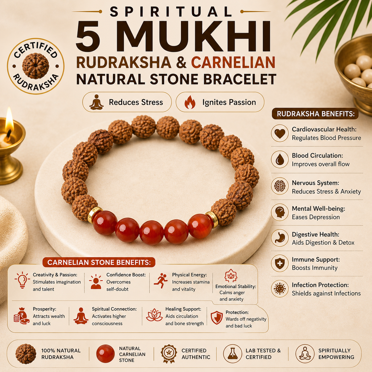 5 Mukhi Rudraksha & Carnelian Natural Stone Bracelet