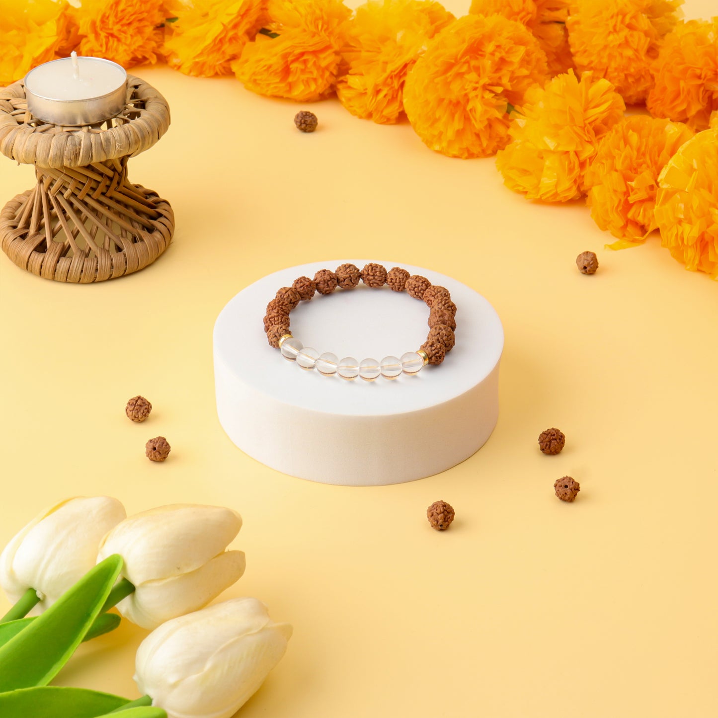 5 Mukhi Rudraksha & Clear Quartz Natural Stone Bracelet