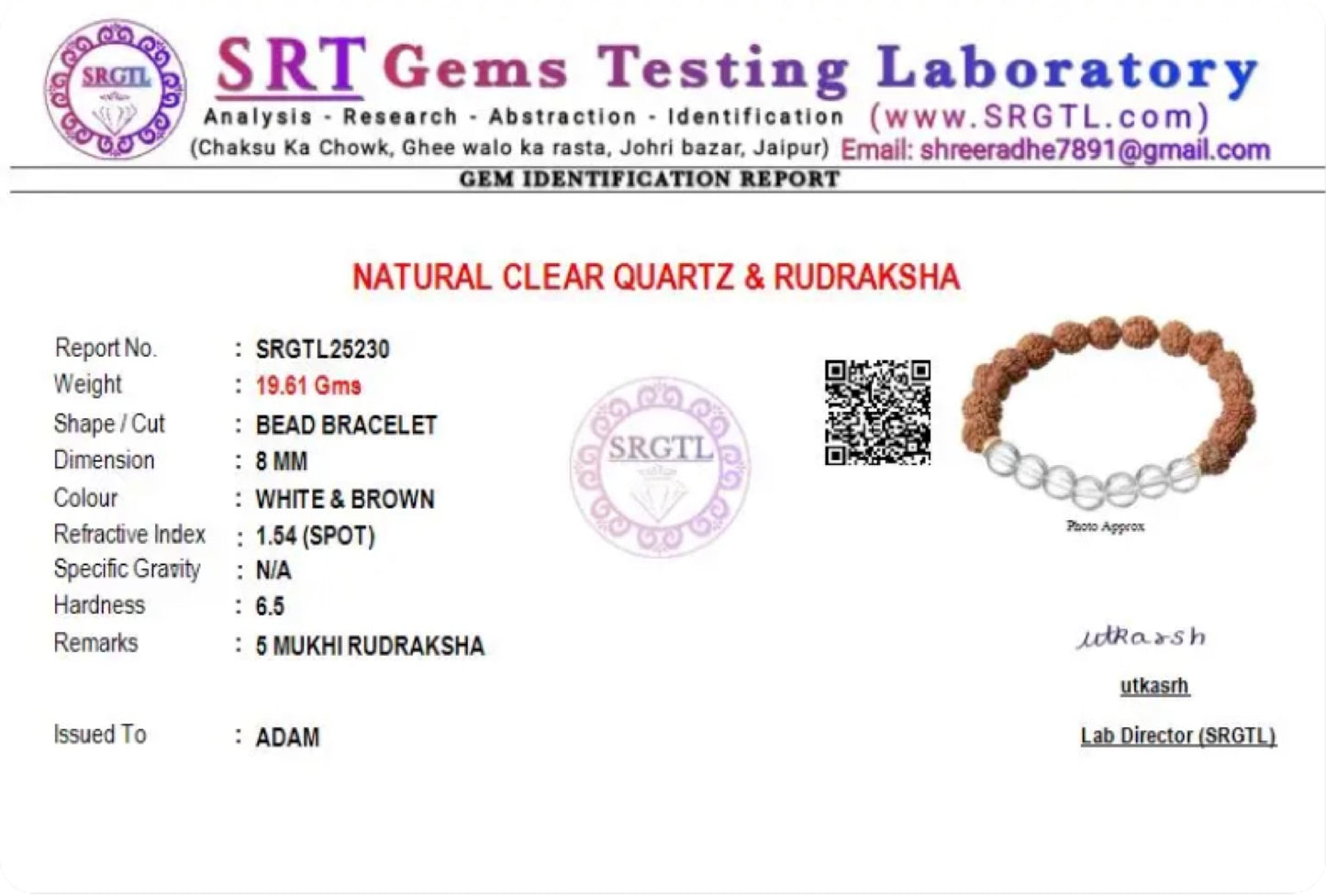 5 Mukhi Rudraksha & Clear Quartz Natural Stone Bracelet