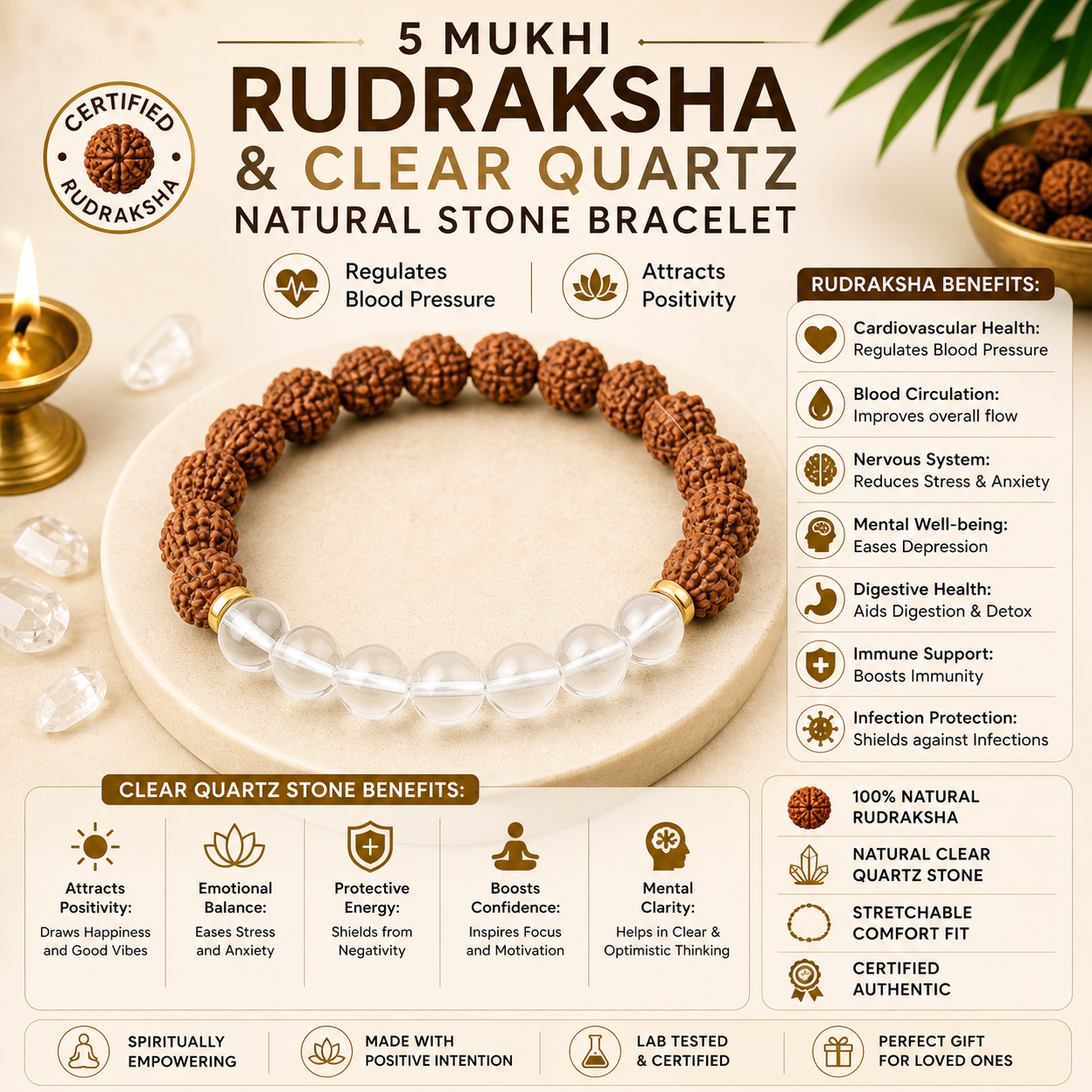 5 Mukhi Rudraksha & Clear Quartz Natural Stone Bracelet