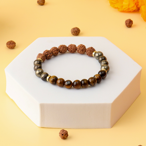 5 Mukhi Rudraksha, Pyrite & Tiger Eye Natural Stone Bracelet