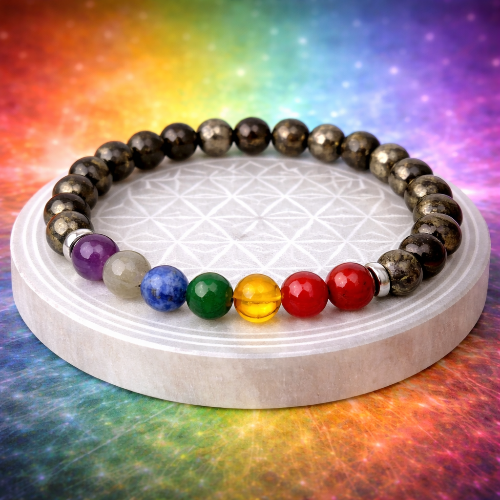7 Chakra Money Magnet Pyrite Bracelet with Selenite Plate