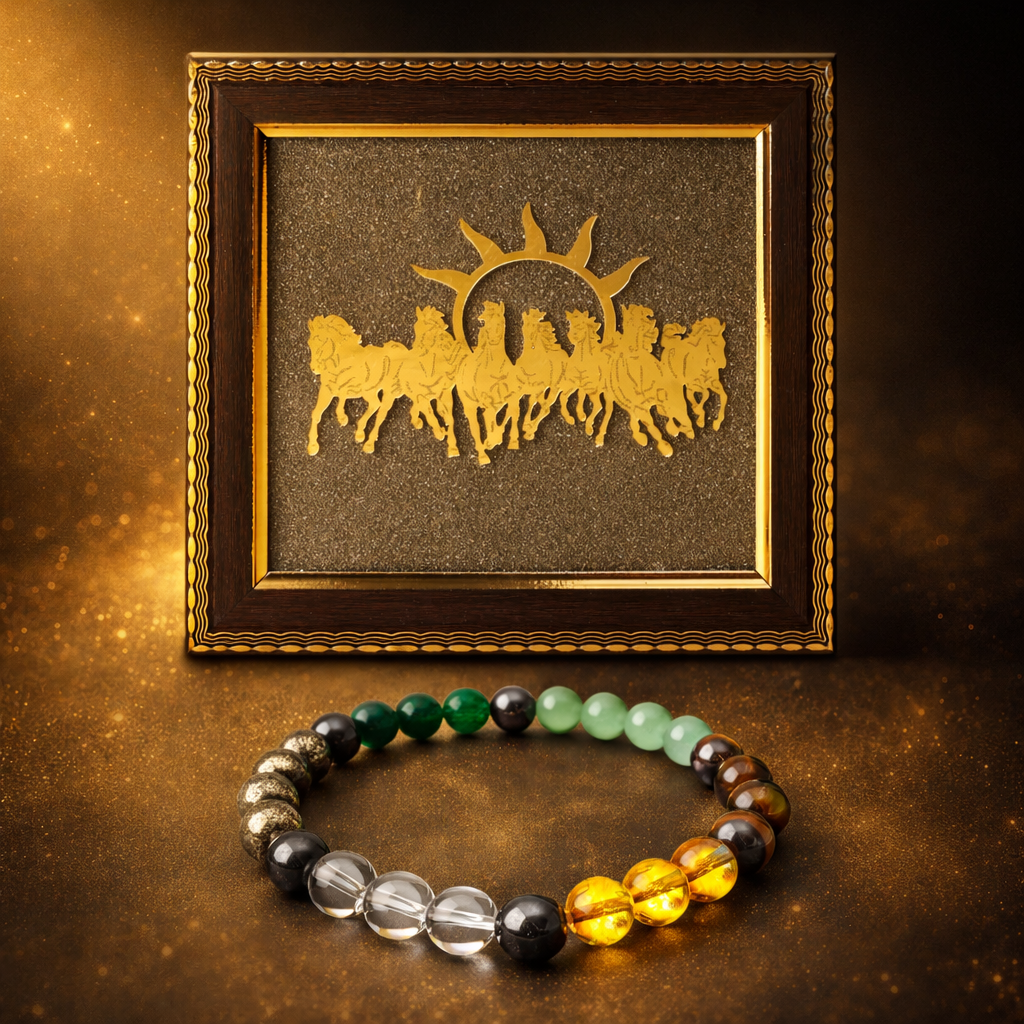 7 Horses Pyrite Frame & Dhan Yog Money Magnet Bracelet – Success & Wealth Combo