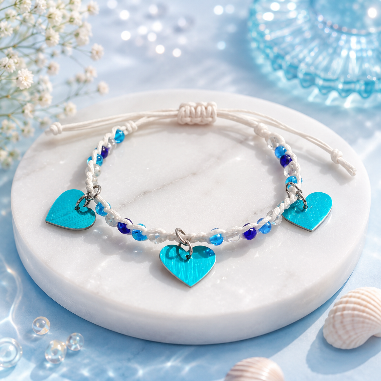 Adjustable Beaded Bracelet with Heart Charms