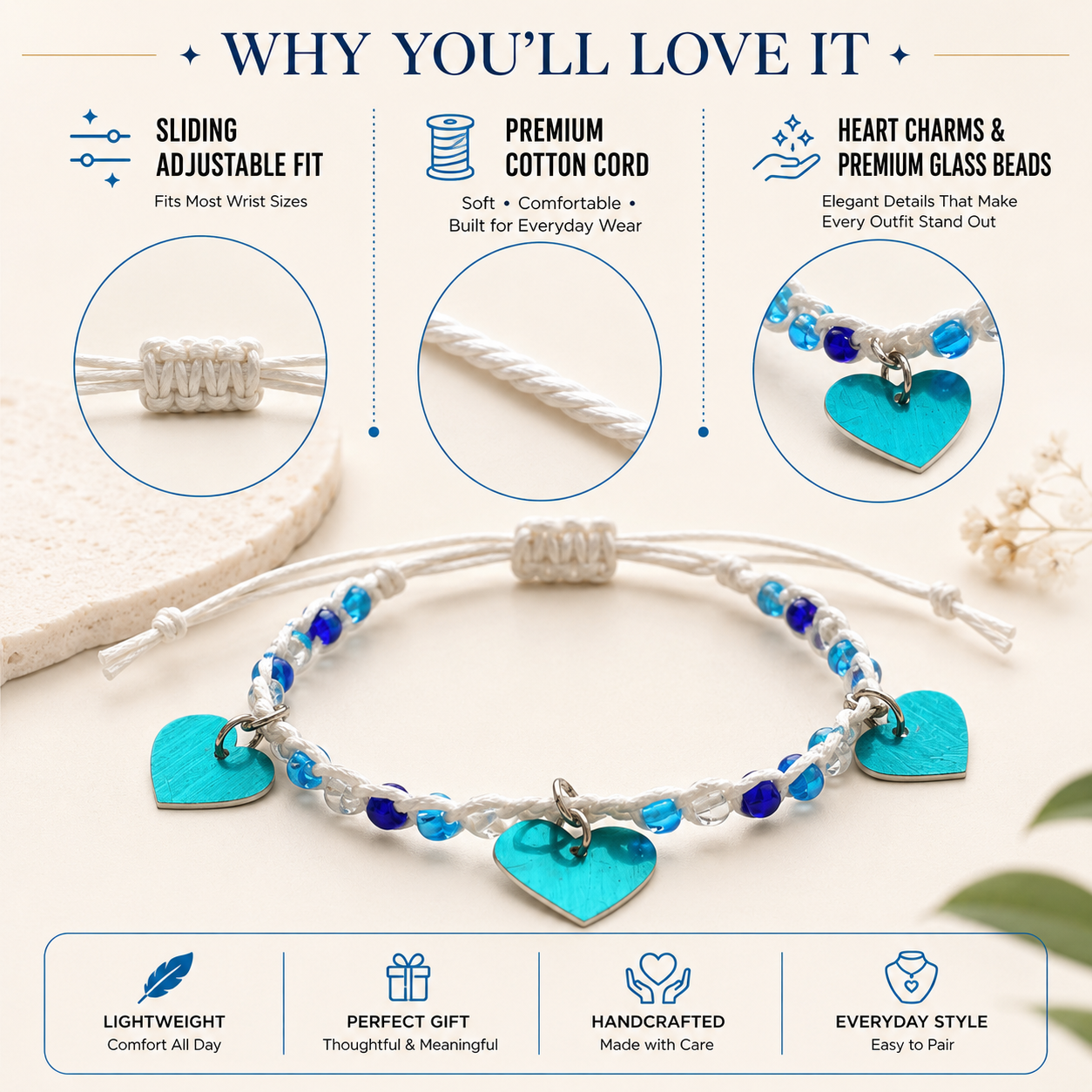 Adjustable Beaded Bracelet with Heart Charms