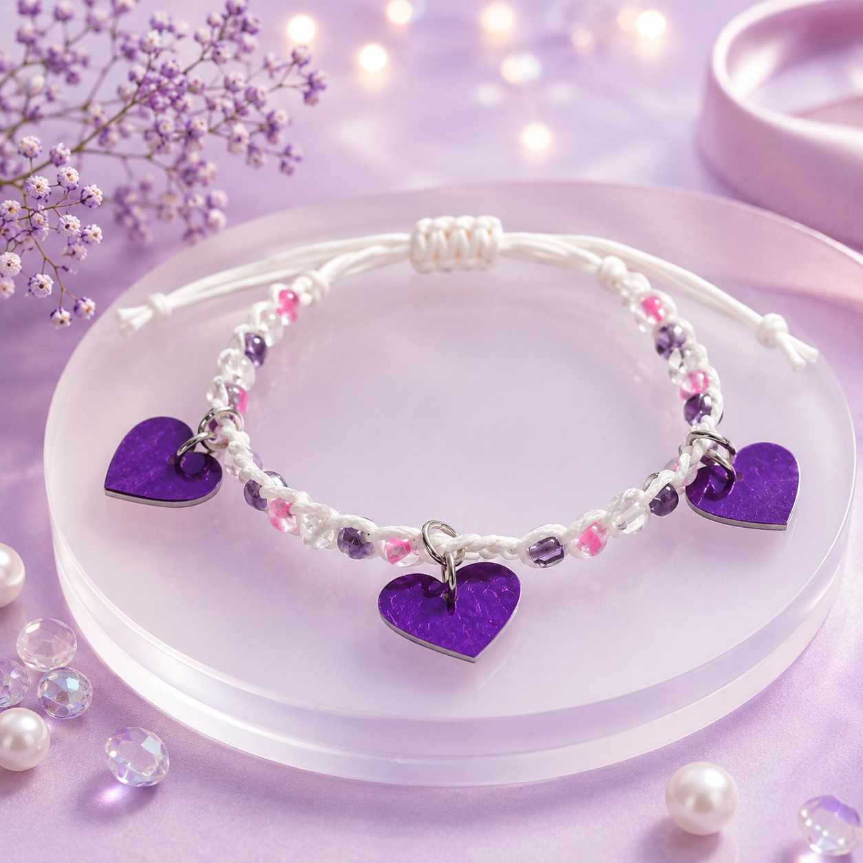 Adjustable Beaded Bracelet with Heart Charms