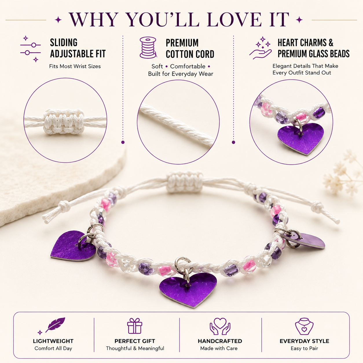 Adjustable Beaded Bracelet with Heart Charms