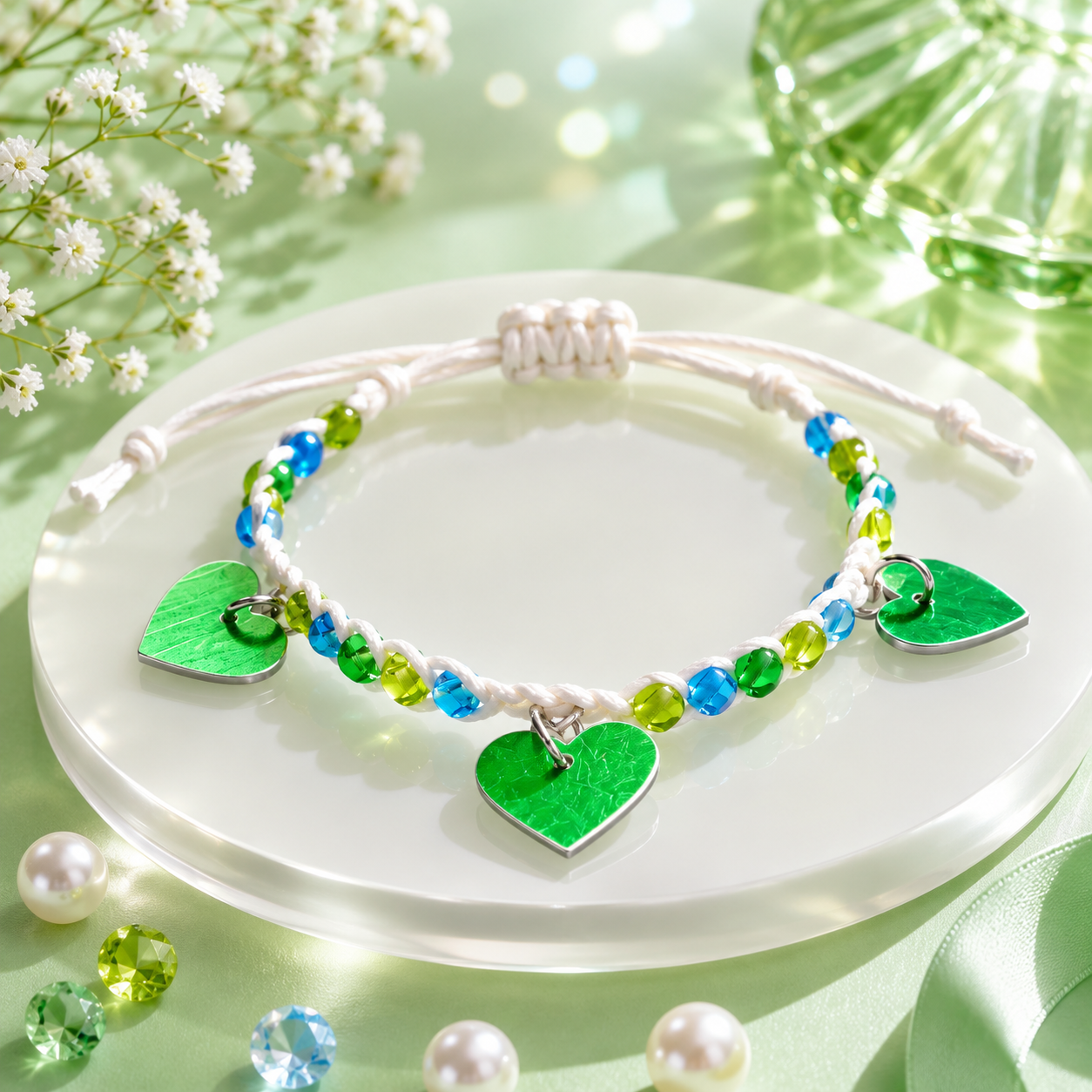 Adjustable Beaded Bracelet with Heart Charms