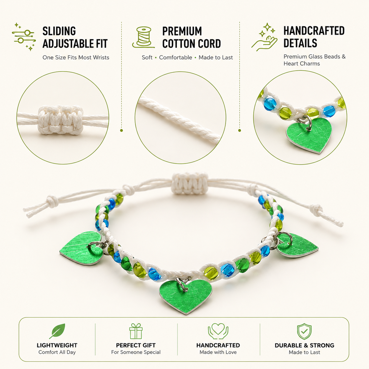 Adjustable Beaded Bracelet with Heart Charms