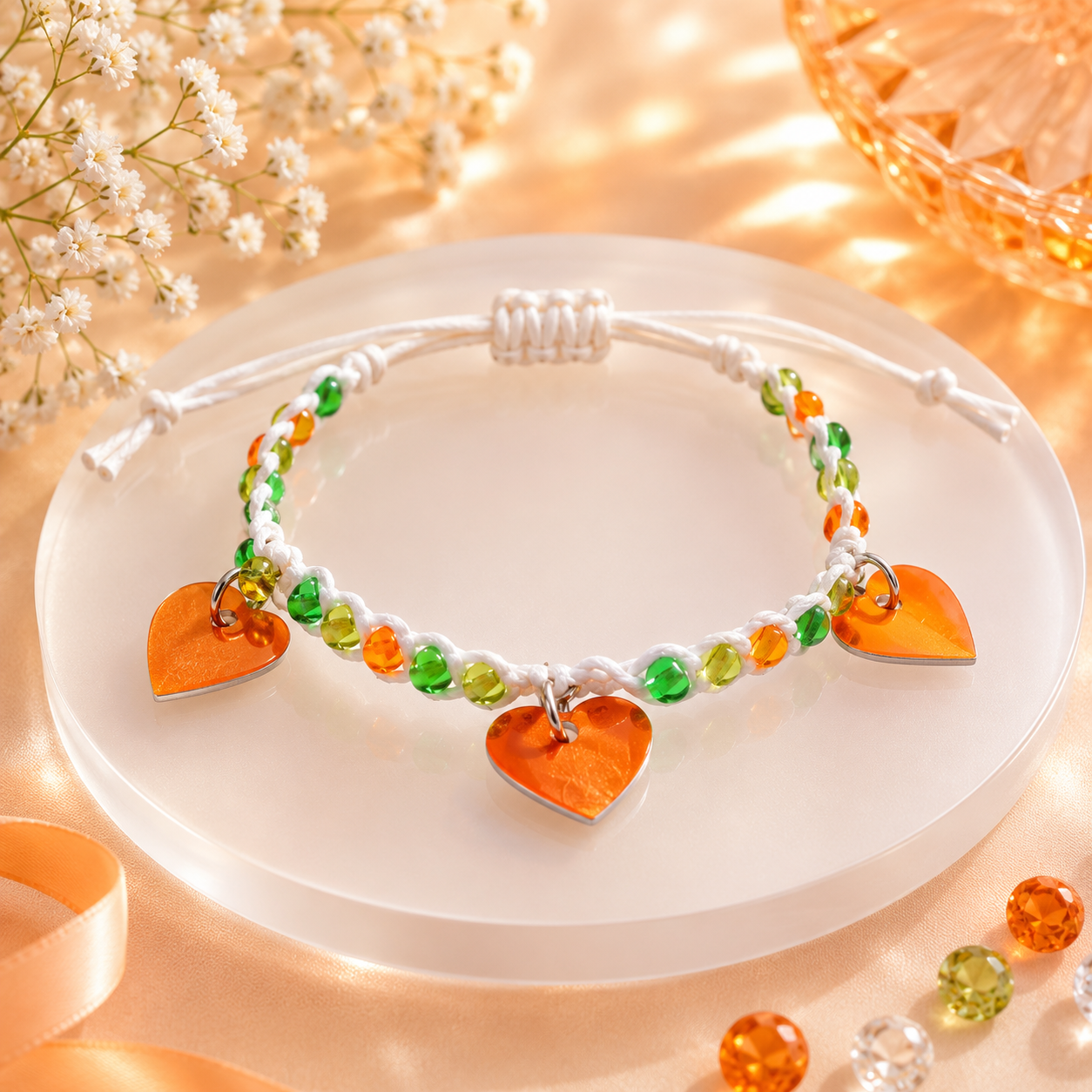 Adjustable Beaded Bracelet with Heart Charms