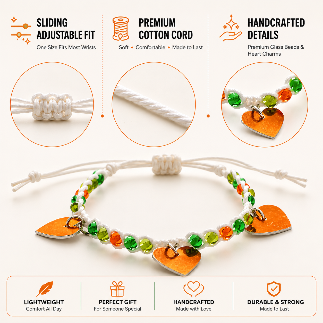 Adjustable Beaded Bracelet with Heart Charms