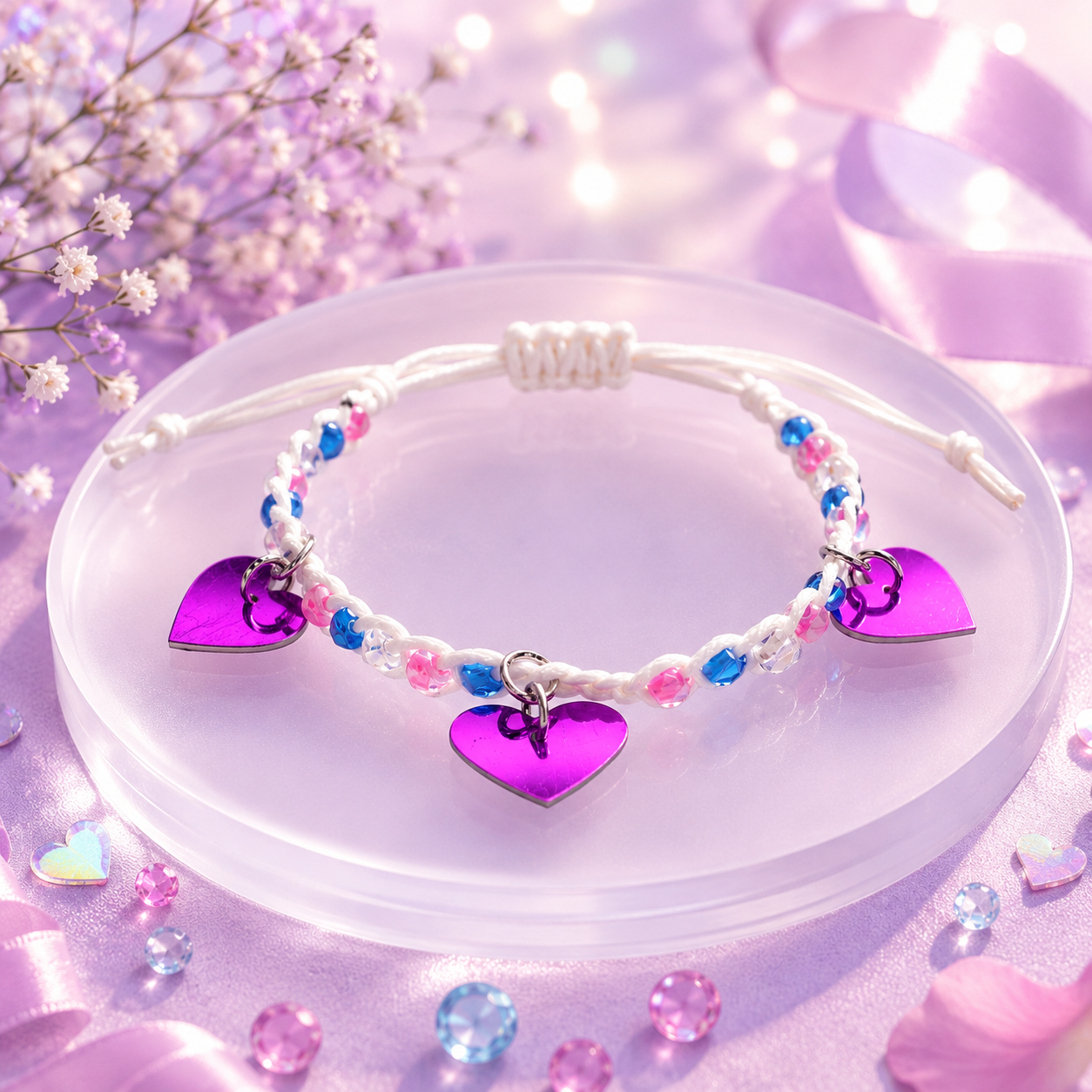 Adjustable Beaded Bracelet with Heart Charms