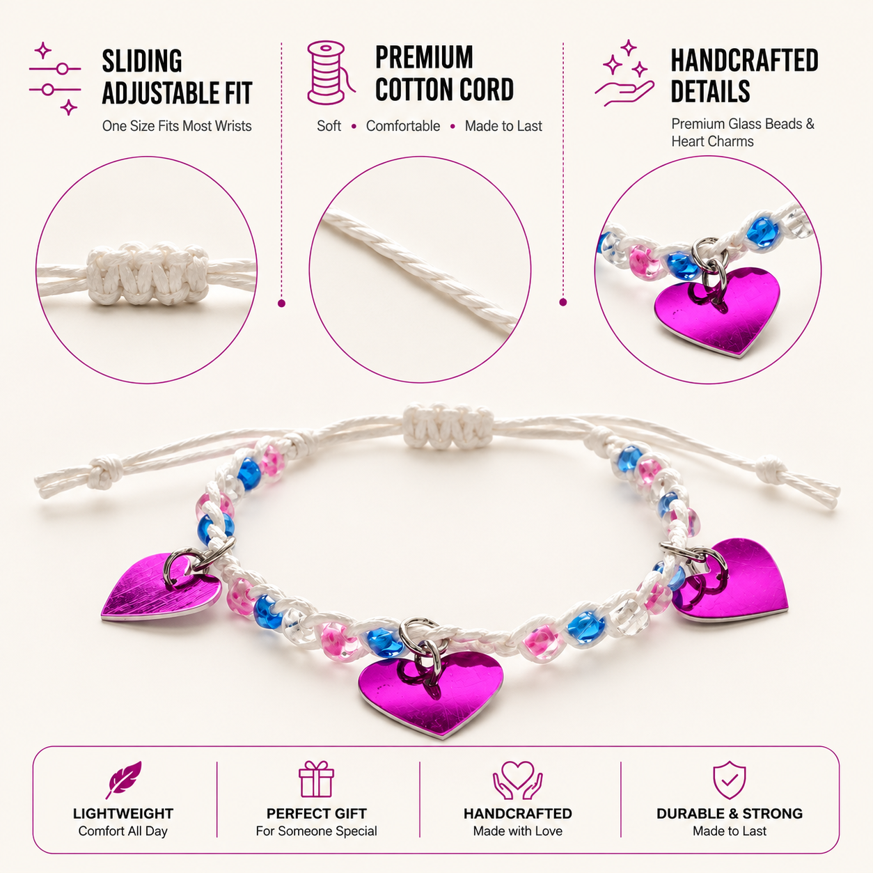 Adjustable Beaded Bracelet with Heart Charms