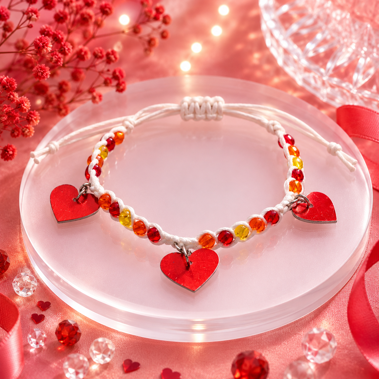 Adjustable Beaded Bracelet with Heart Charms