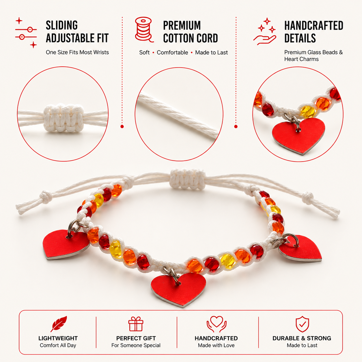 Adjustable Beaded Bracelet with Heart Charms