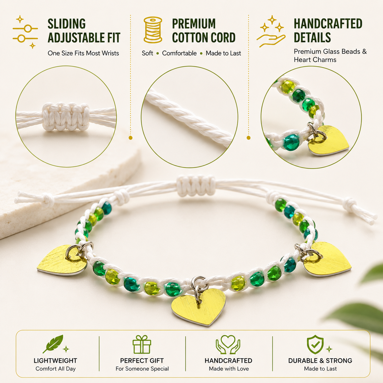 Adjustable Beaded Bracelet with Heart Charms