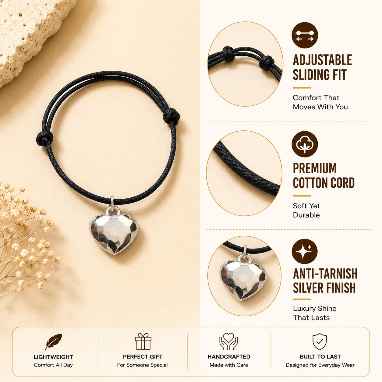 Adjustable Bracelet with Diamond Heart Pendant