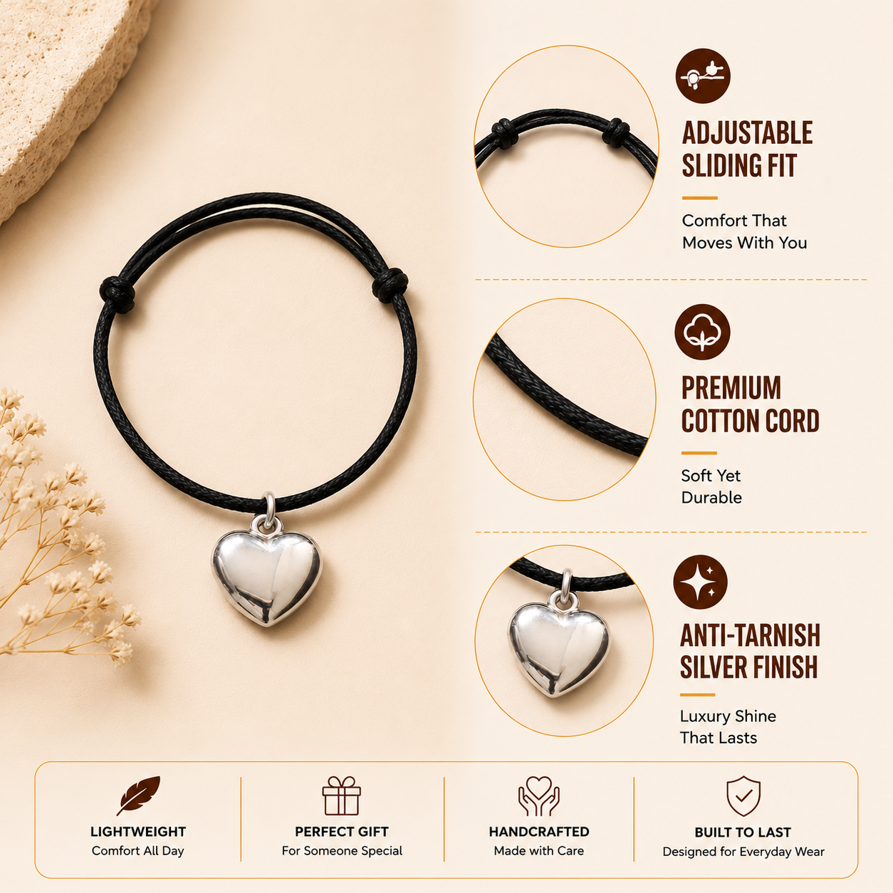 Adjustable Bracelet with Silver Heart Pendant