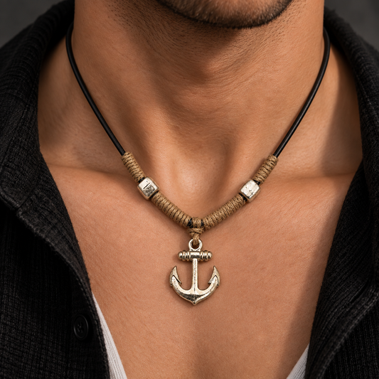 Anchor Pendant Leather Necklace for Men