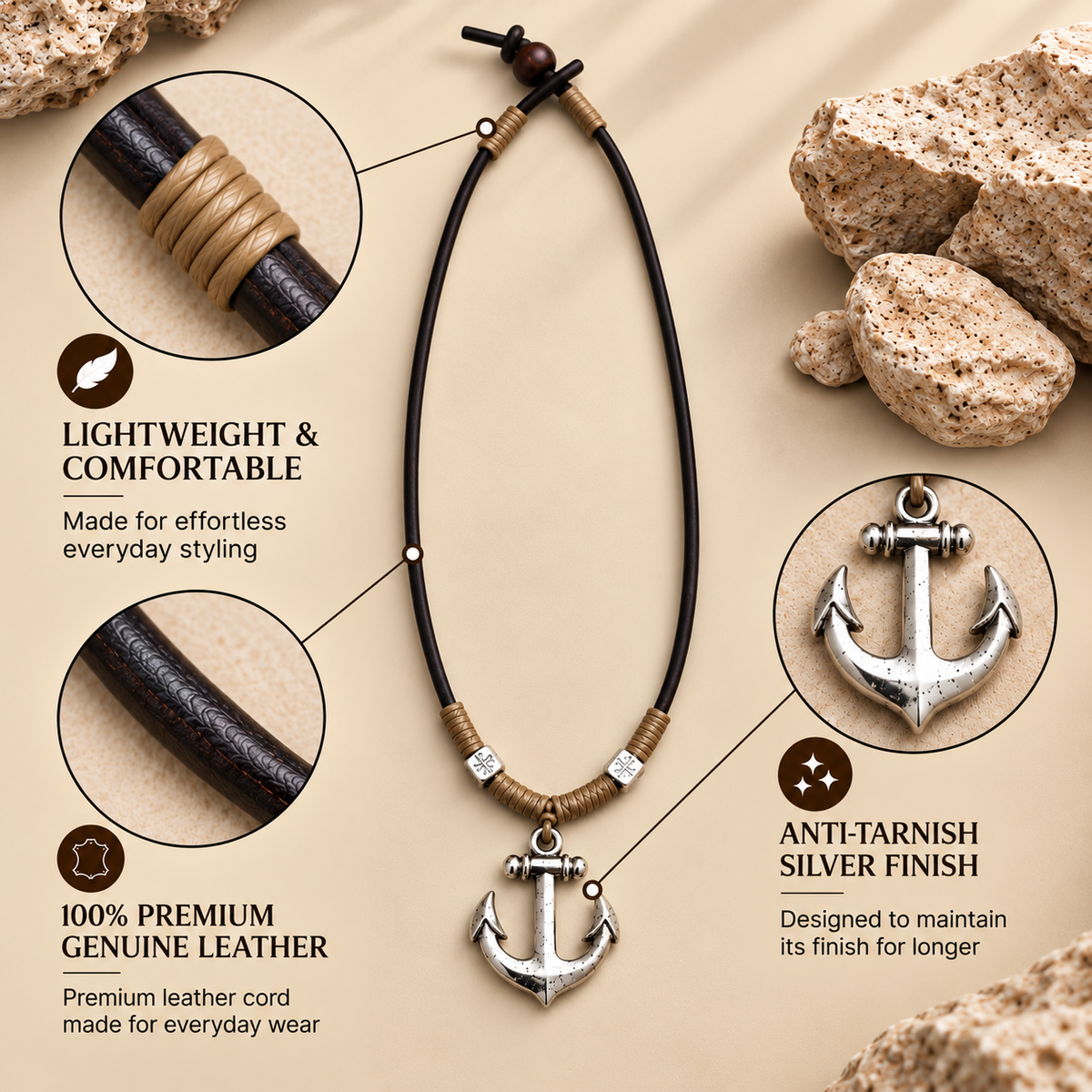 Anchor Pendant Leather Necklace for Men