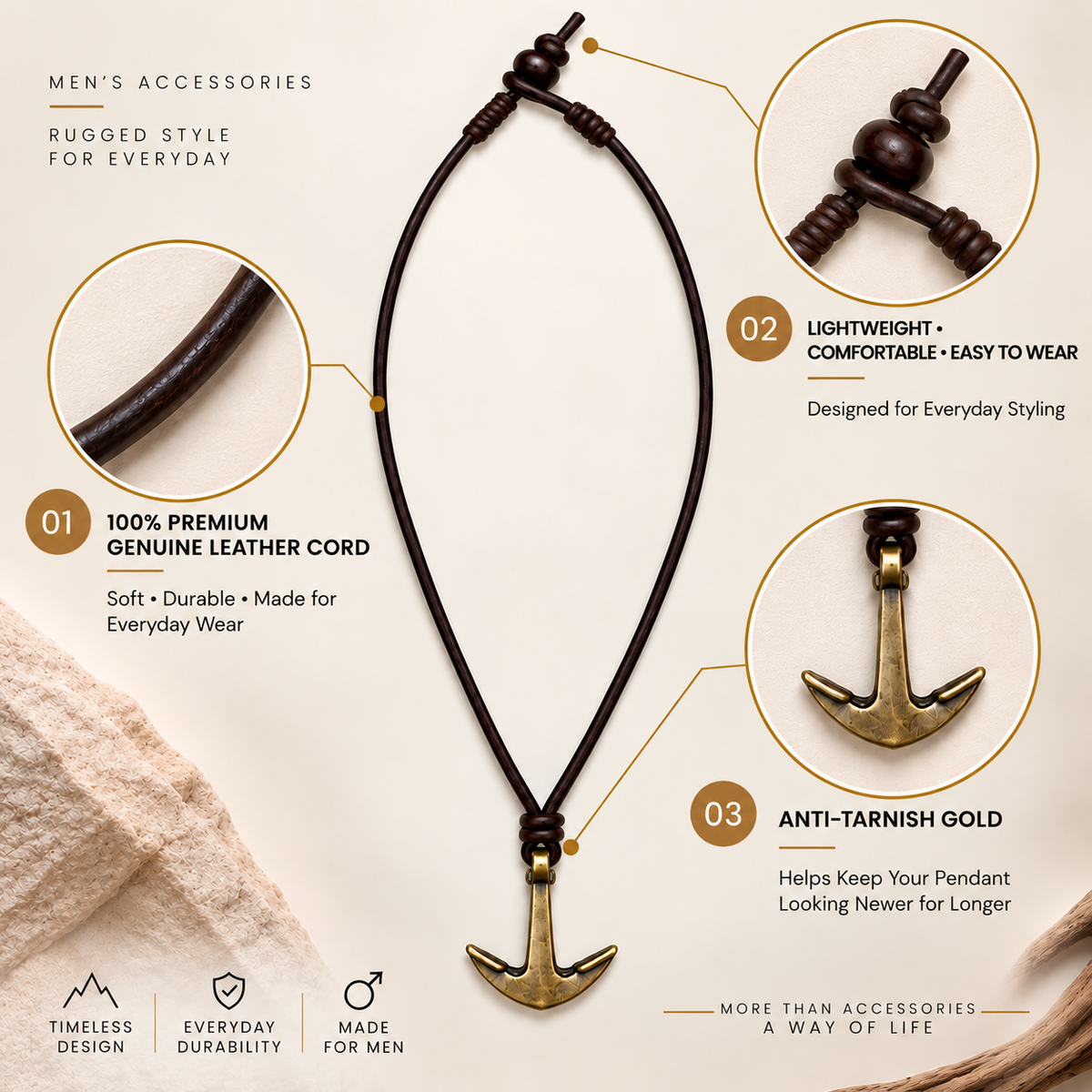 Antique Anchor Leather Necklace for Men