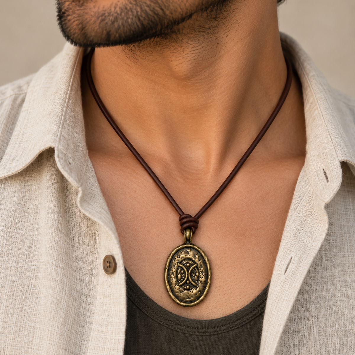 Antique Oval Pendant Leather Necklace for Men